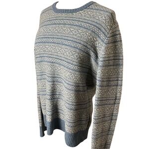 Club Monaco Mens Blue Grey 100% Wool Fair Isle Stripe Crew Neck Sweater Medium
